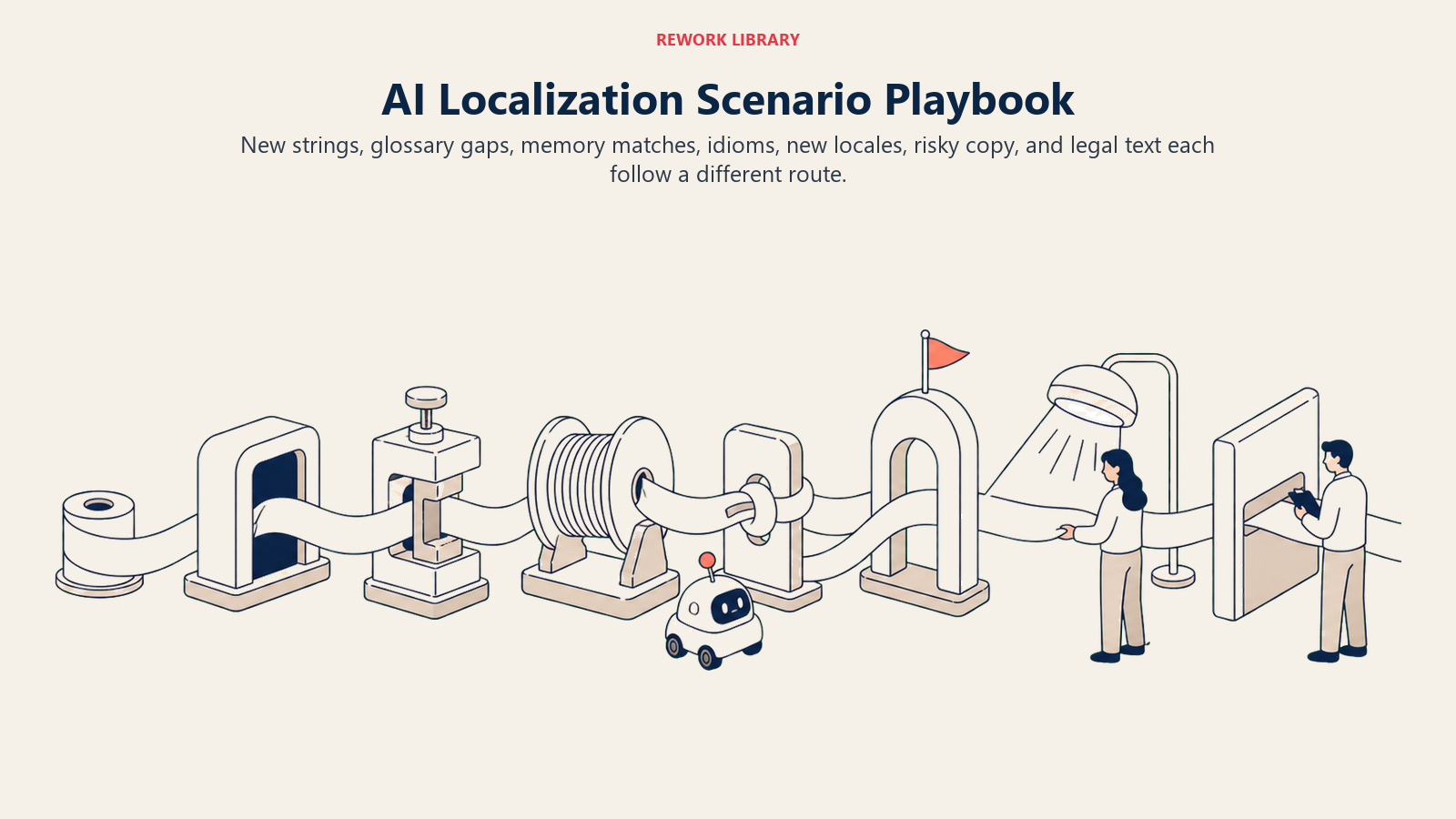 AI localization scenario playbook showing different routes for new strings, terminology gaps, idioms, new locales, and legal text