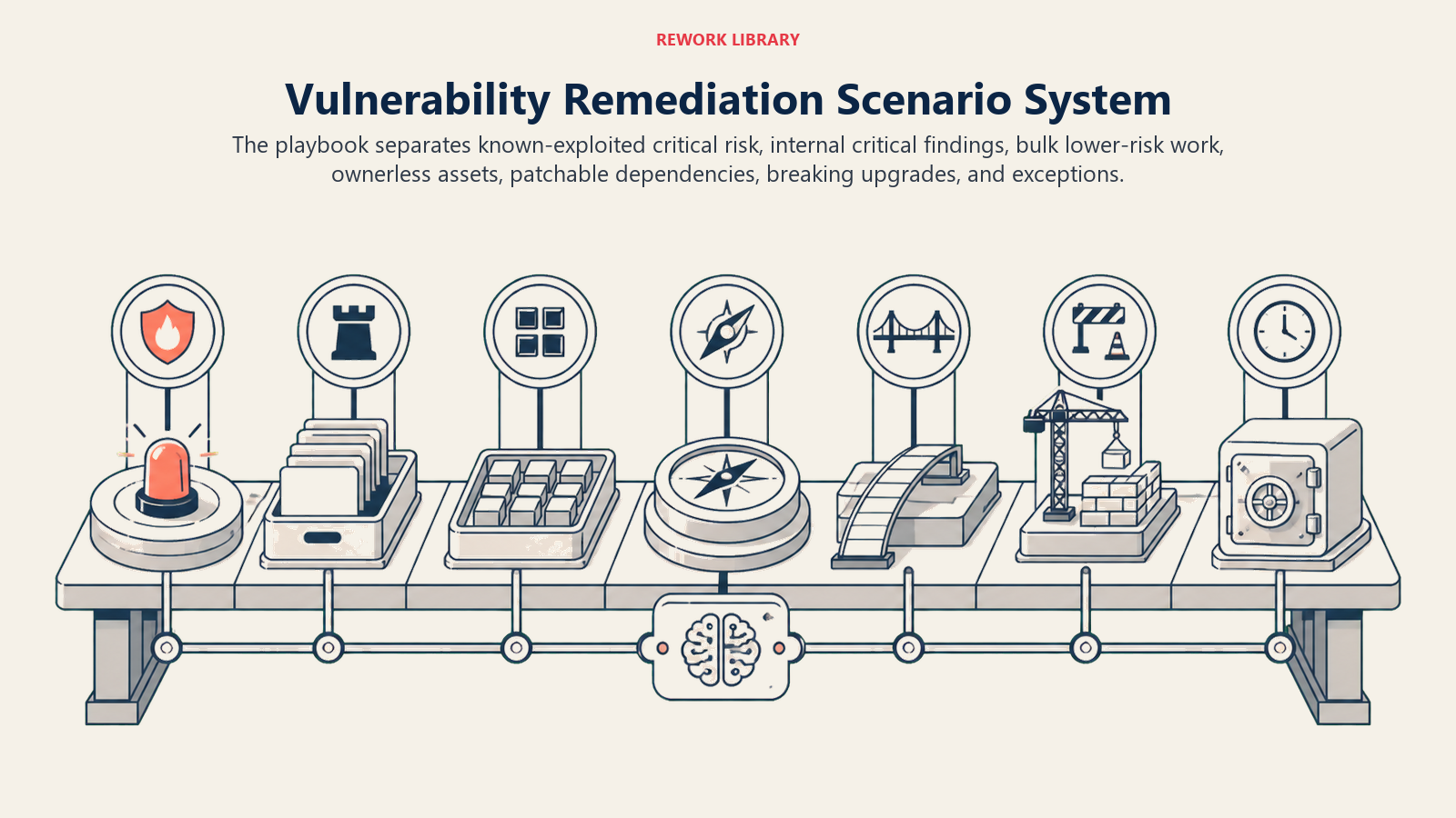 Vulnerability Remediation Scenario System shown as wide remediation triage bench with seven risk treatments