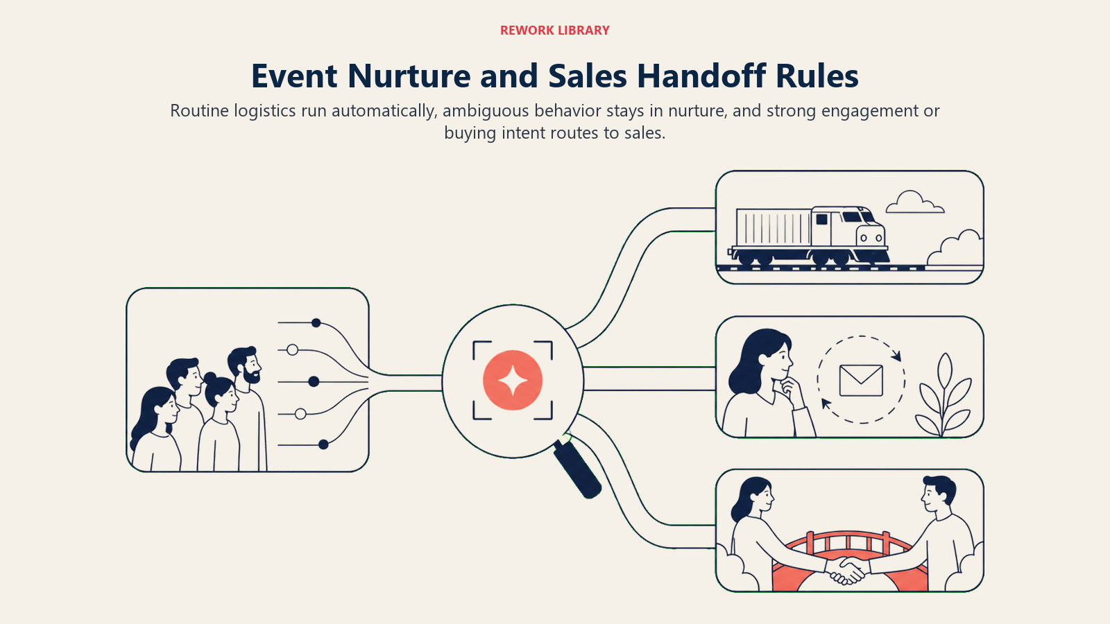 Event engagement decision flow for automatic logistics, lighter nurture, and sales handoff