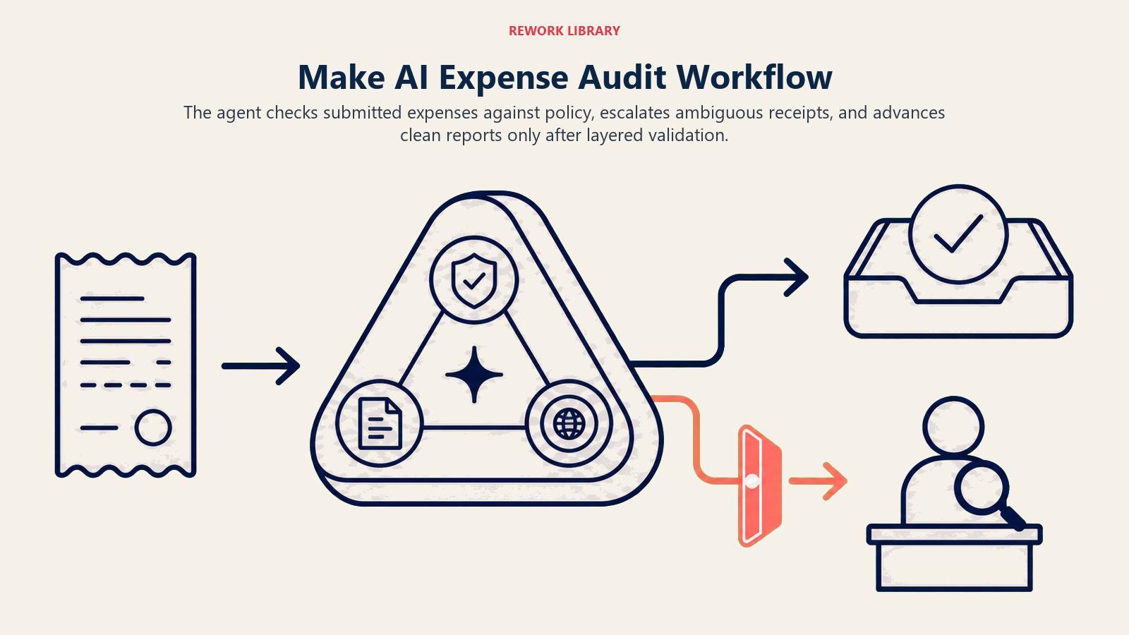 Make AI expense audit workflow validating a receipt through policy checks and a human review gate