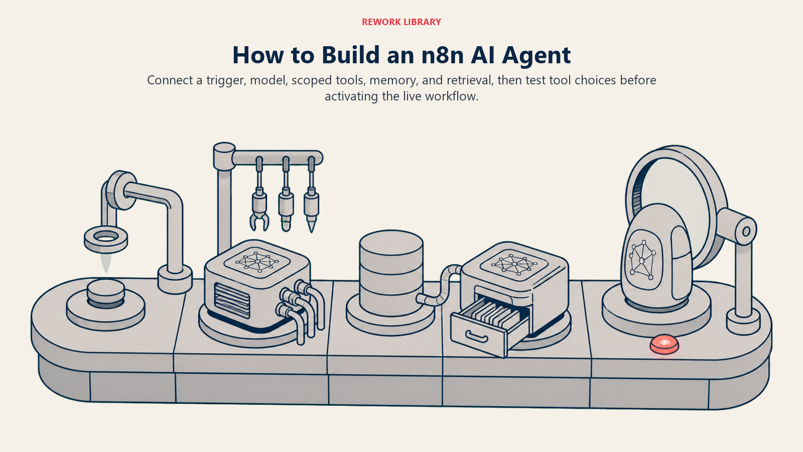 How to build an n8n AI agent shown as a staged workbench from trigger and model to testing and activation