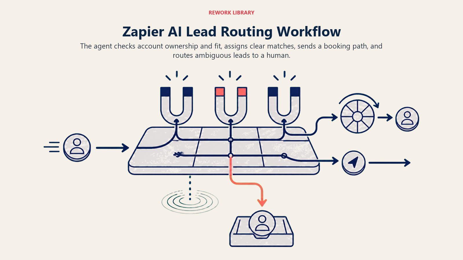 Zapier AI lead routing workflow checking account ownership and fit before assigning a rep or human review