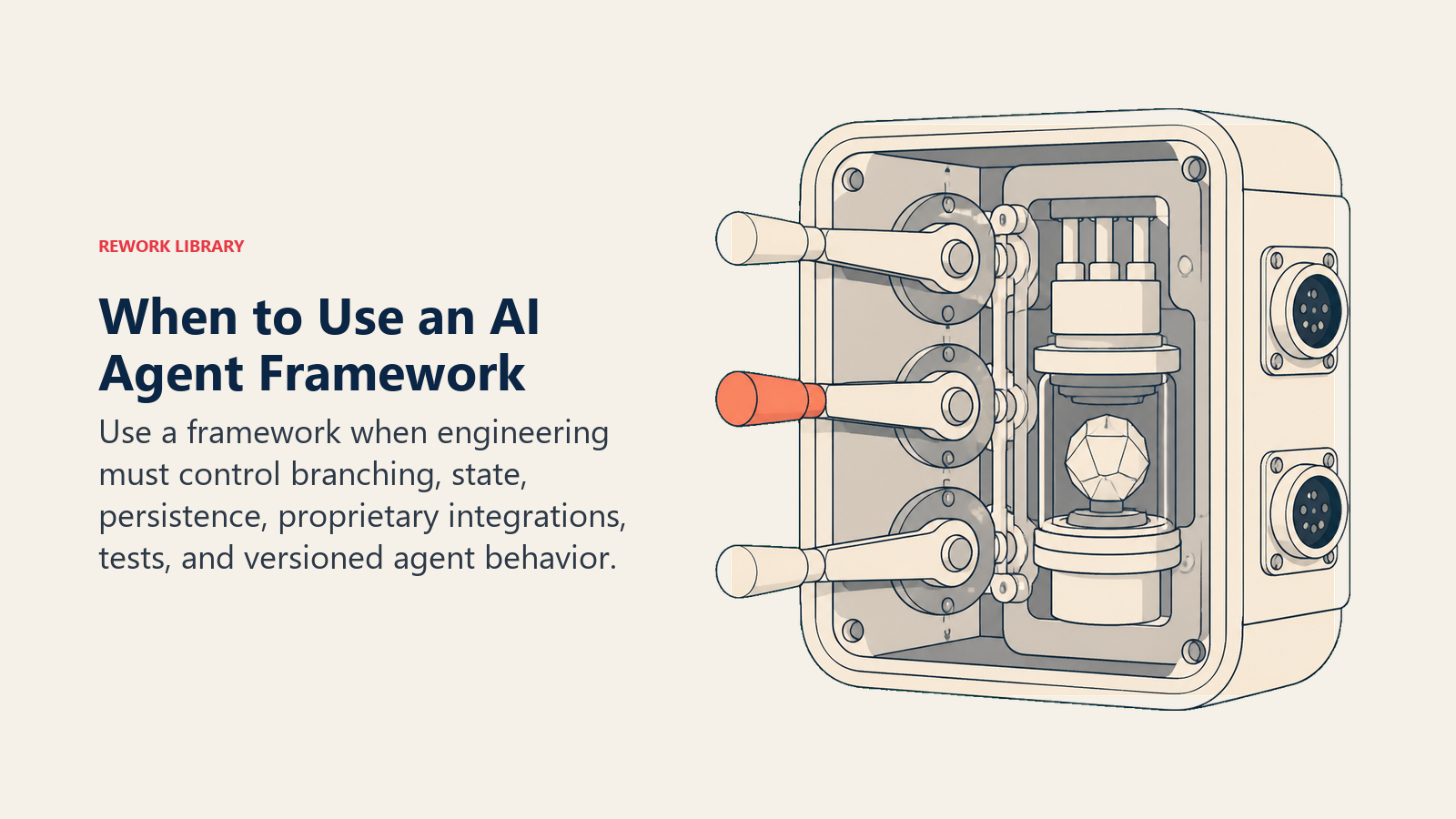When to Use an AI Agent Framework shown as an open routing switchboard with state and connector control