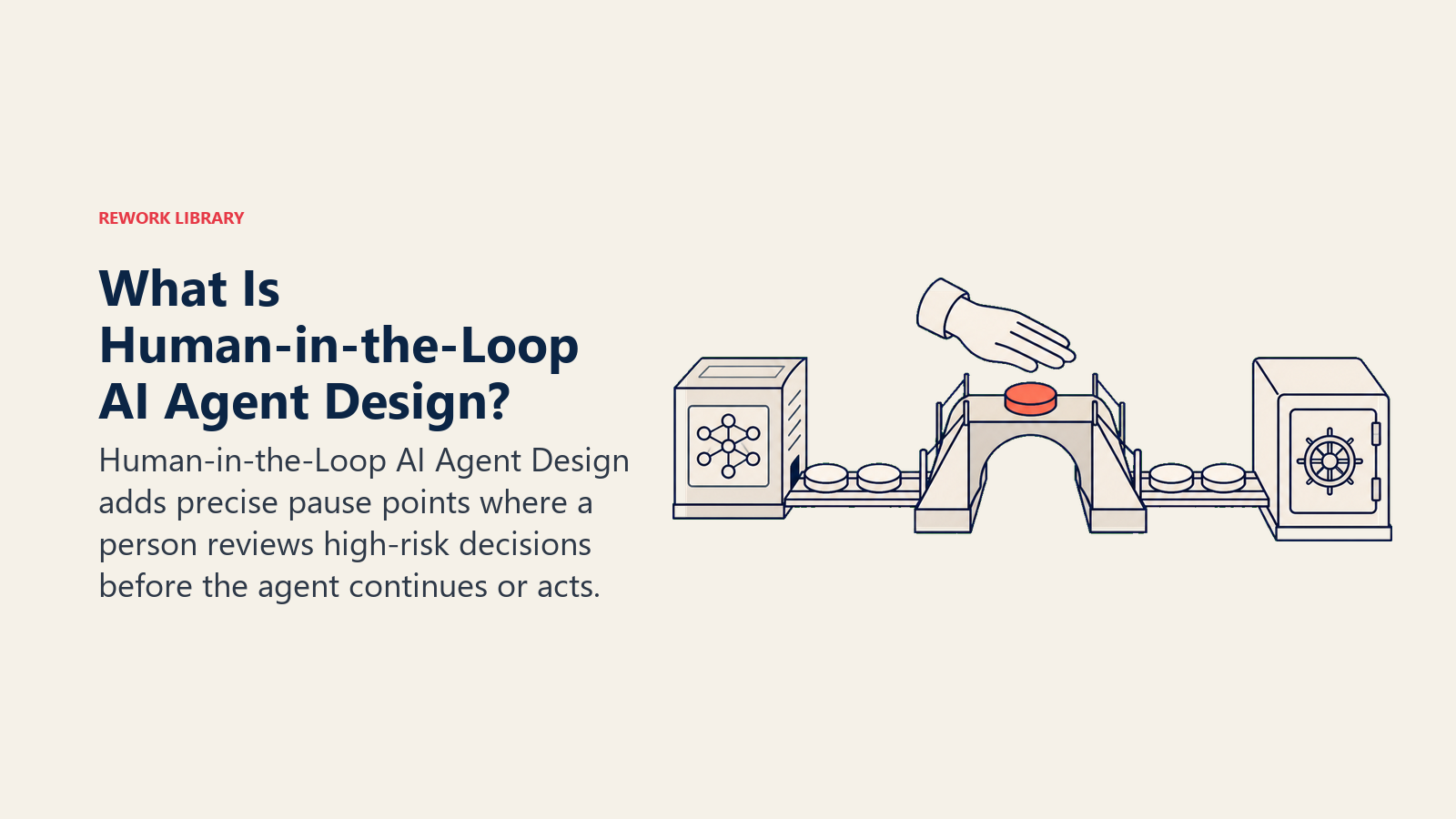 Human-in-the-Loop AI Agent Design shown as an approval bridge pausing one high-risk action while safe work continues