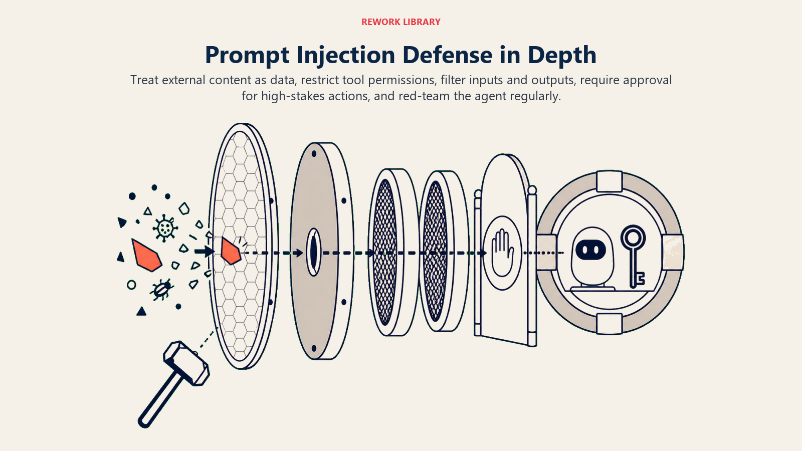 Prompt Injection Defense in Depth shown as layered isolation, least privilege, filters, approval, and red-team testing