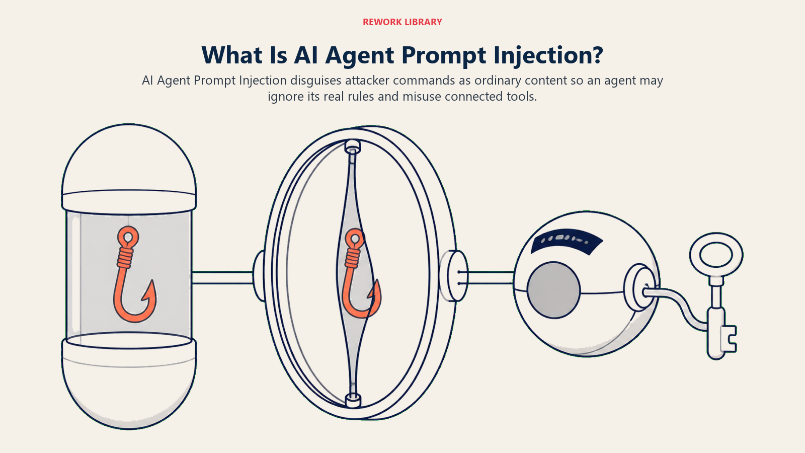 AI Agent Prompt Injection shown as a malicious content hook caught by a quarantine lens before reaching a model core and tool key