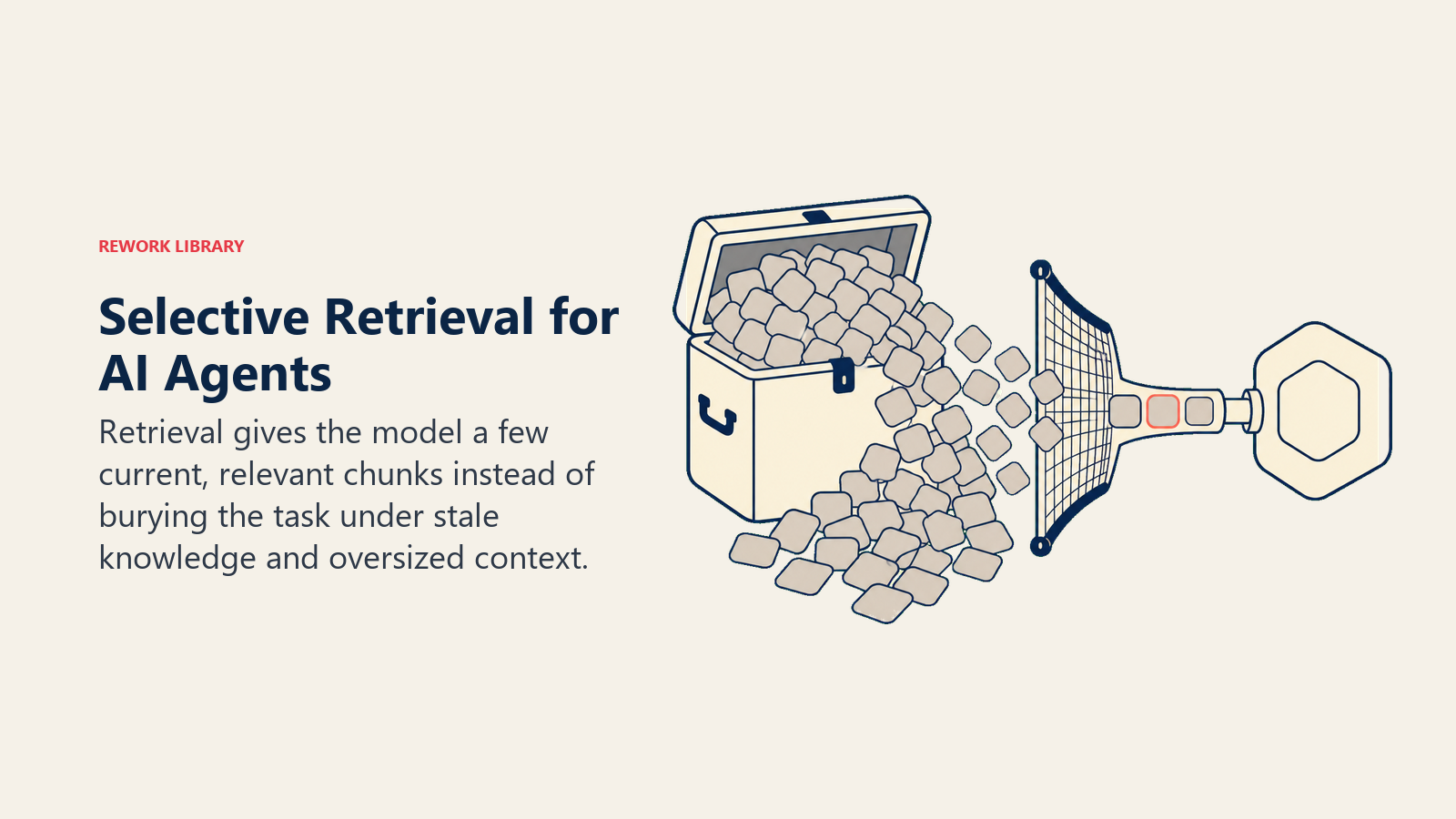 Selective Retrieval for AI Agents represented by a signal sieve extracting a few current chunks from an overloaded prompt