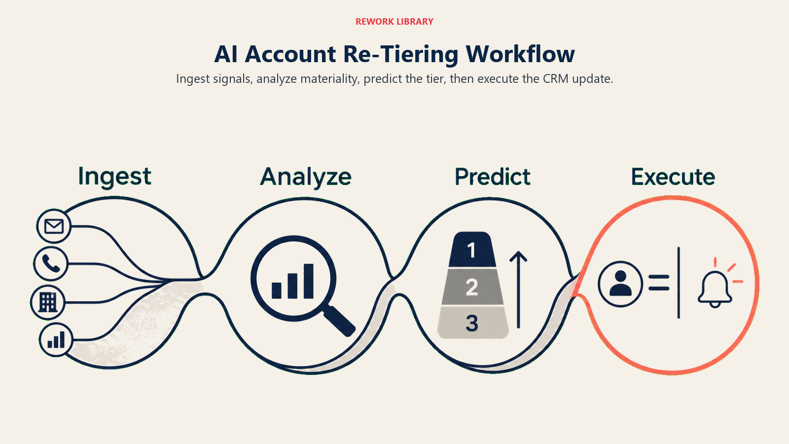 AI account re-tiering workflow moving through Ingest, Analyze, Predict, and Execute to update the CRM