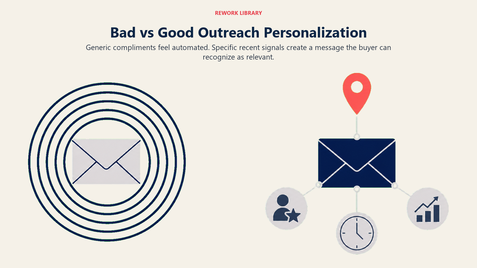 Bad versus good outreach personalization shown as a generic message compared with a signal-rich message