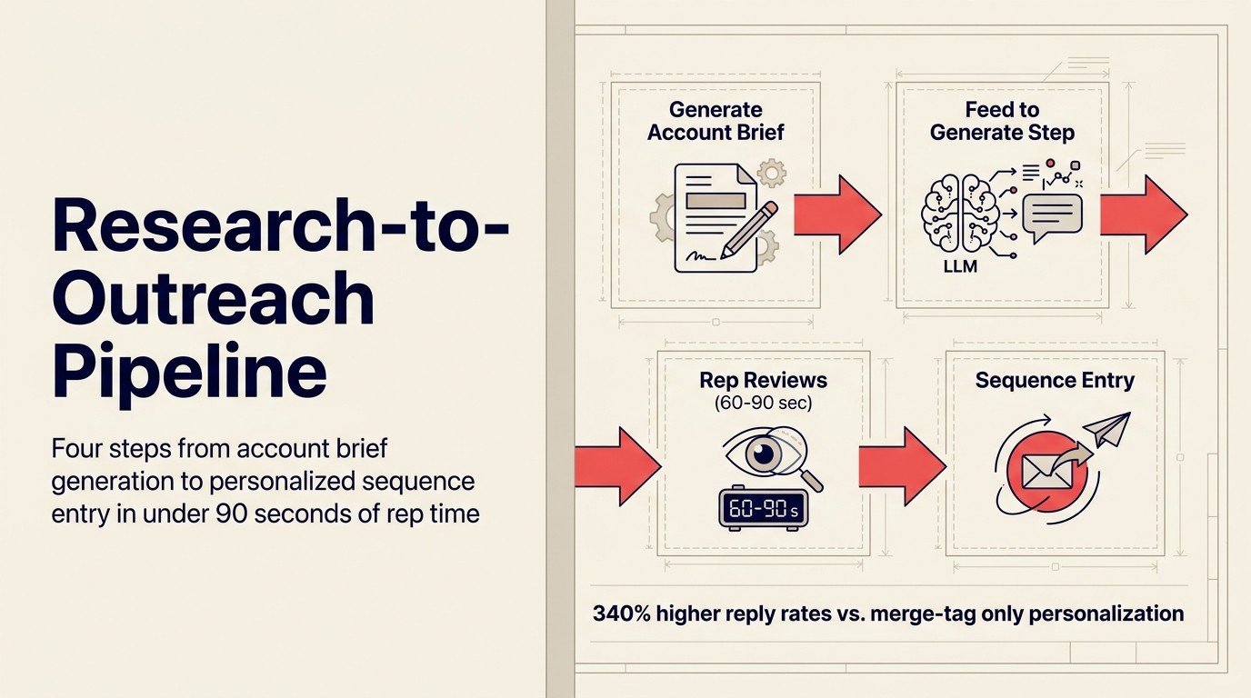Pipeline từ research đến outreach: bốn bước từ generate account brief đến vào personalized sequence trong dưới 90 giây thời gian của rep