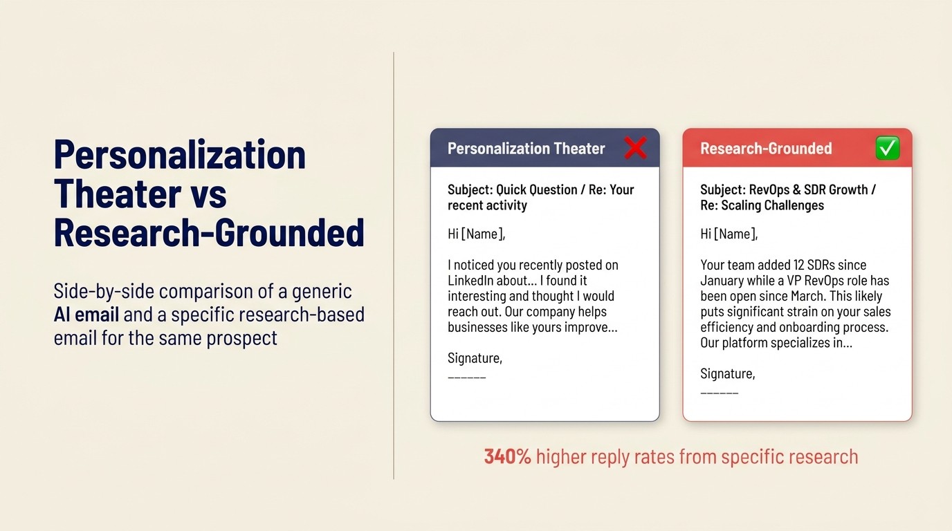 Personalization theater vs research-grounded: so sánh cạnh nhau giữa email AI chung chung và email cụ thể dựa trên research cho cùng một prospect
