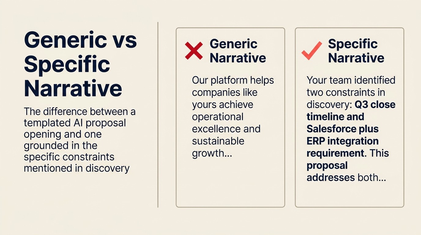 Generic vs specific narrative: sự khác biệt giữa templated AI proposal opening và phần được grounded trong specific discovery constraint