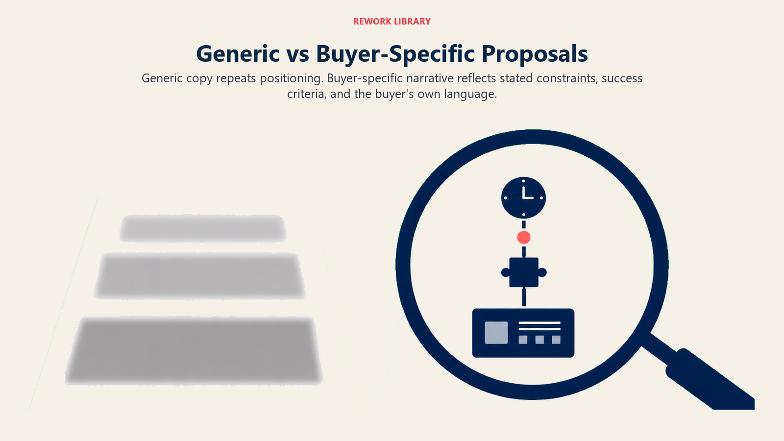 Generic vs buyer-specific proposals shown as a vague page and a focused page grounded in discovery constraints