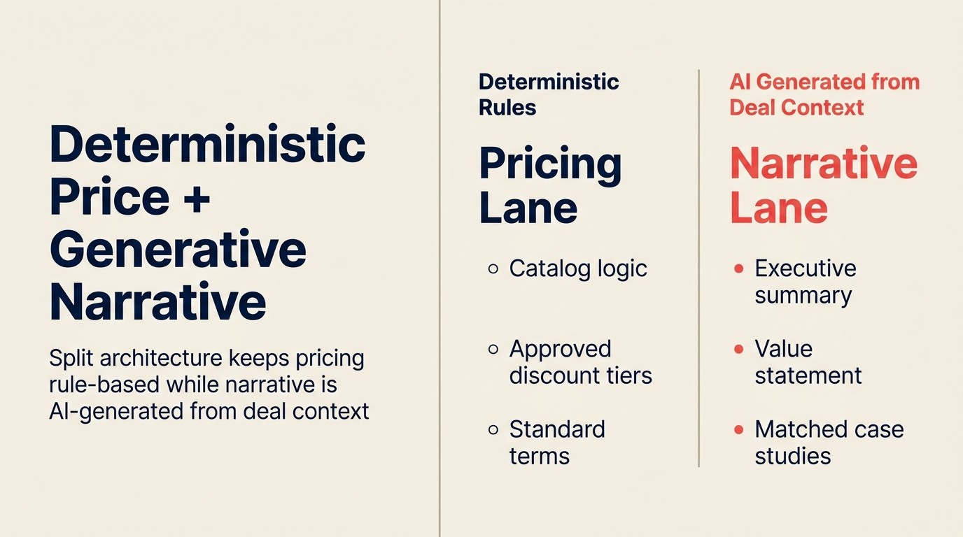 Deterministic price và generative narrative: split architecture giữ pricing rule-based trong khi narrative được AI generate từ deal context
