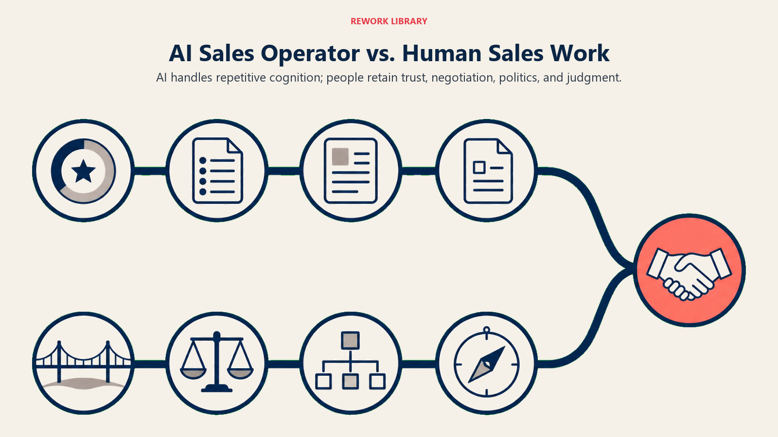 AI Sales Operator versus human sales work showing repetitive cognitive tasks and human judgment as complementary lanes