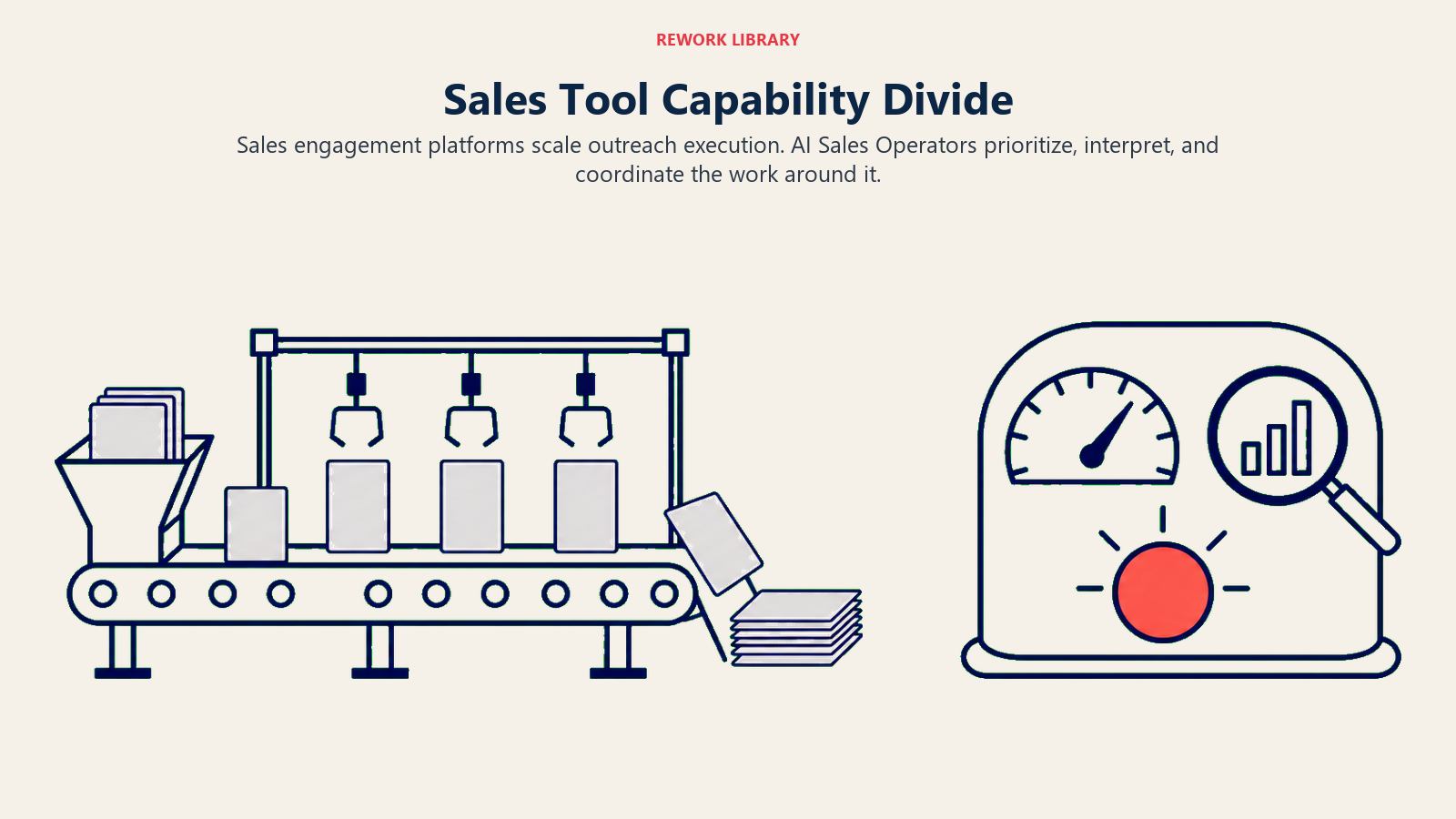 Sales tool capability divide shown as an outreach cadence factory versus a decision control pod