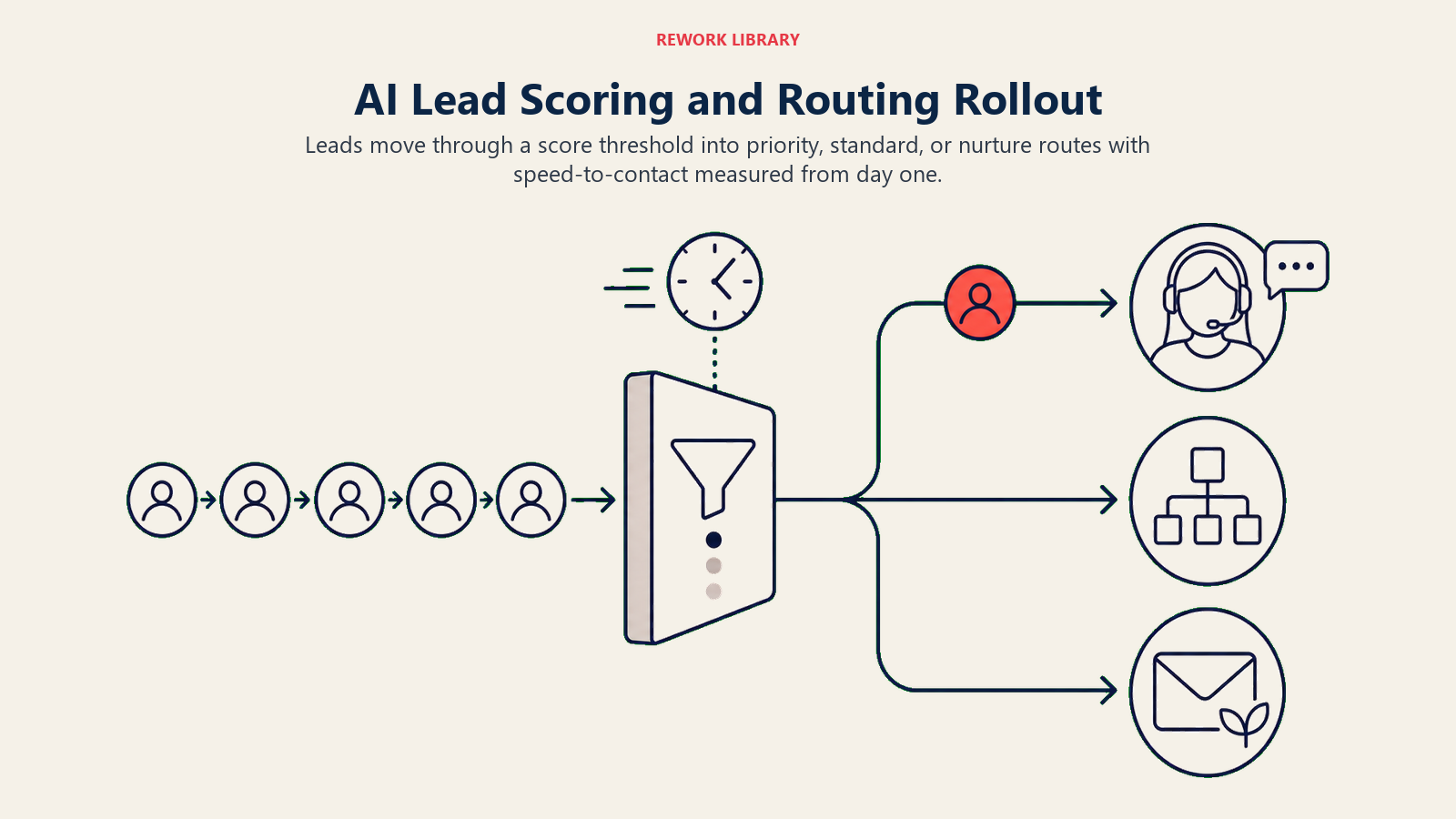 AI Lead Scoring and Routing Rollout illustrated as lead stream crossing score threshold into three service lanes