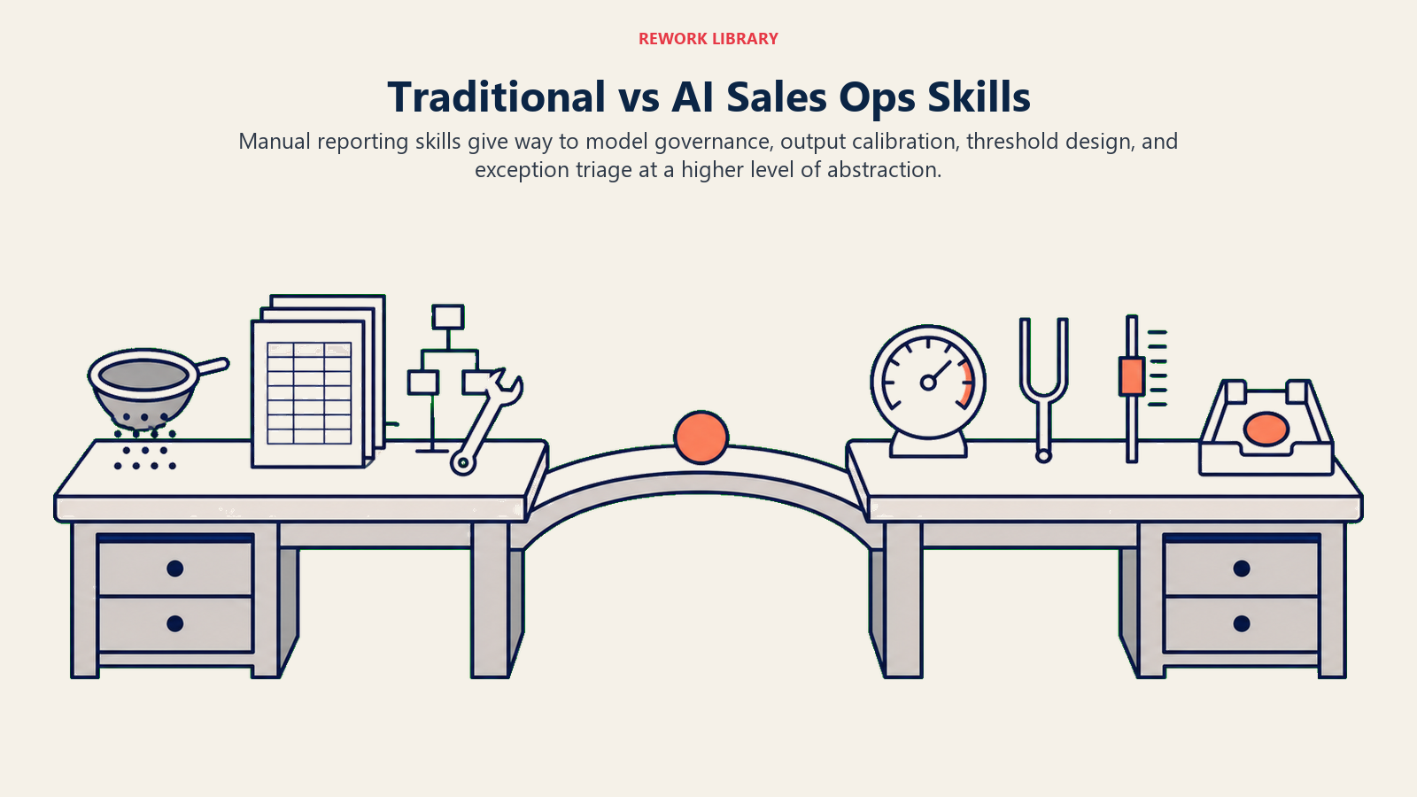 Traditional sales ops skills compared with AI-era governance and calibration skills
