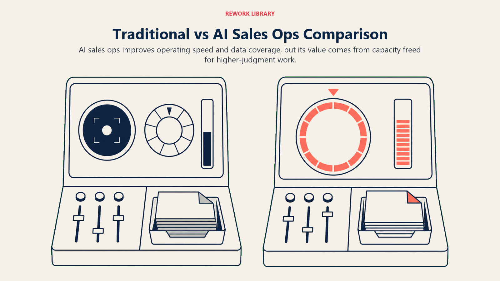 Traditional and AI sales operations compared by cadence, coverage, freshness, and capacity