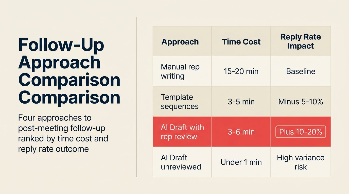 So sánh phương pháp follow-up: bốn cách tiếp cận theo dõi sau meeting xếp hạng theo chi phí thời gian và kết quả tỷ lệ reply