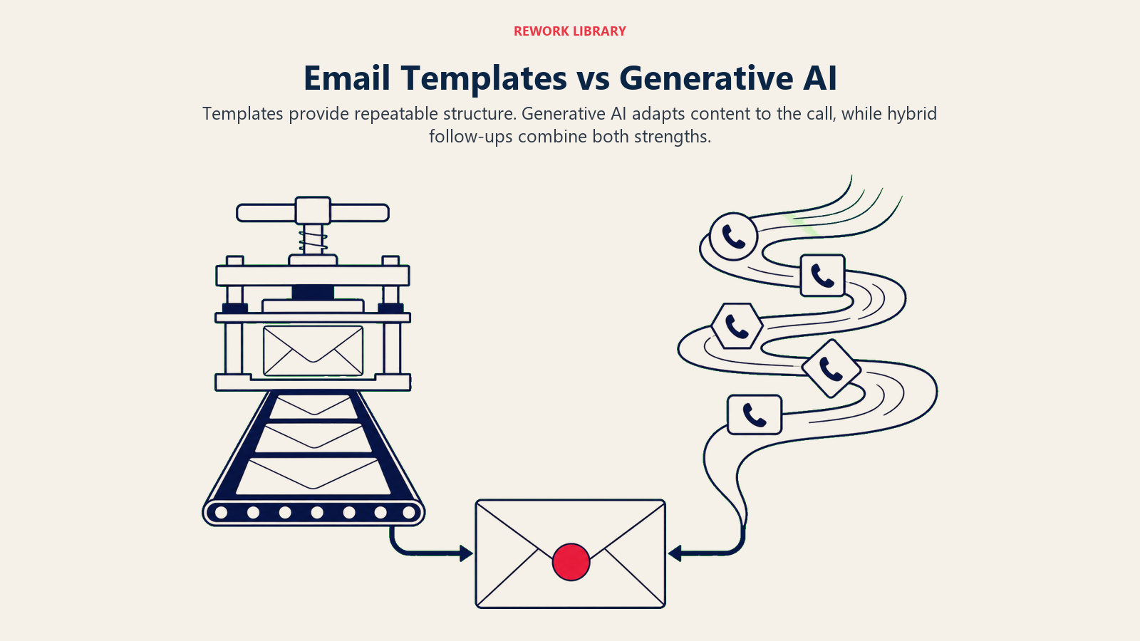 Email Templates vs Generative AI shown as a fixed stencil and adaptive ribbon forming a hybrid email