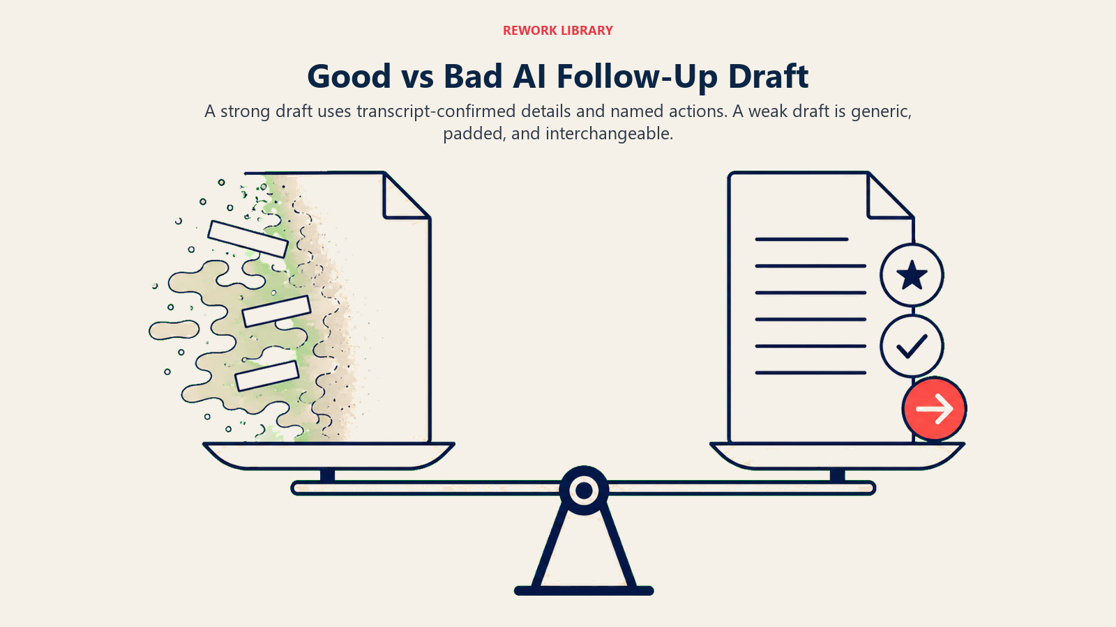 Good vs Bad AI Follow-Up Draft compared through generic fog and precise commitment tokens