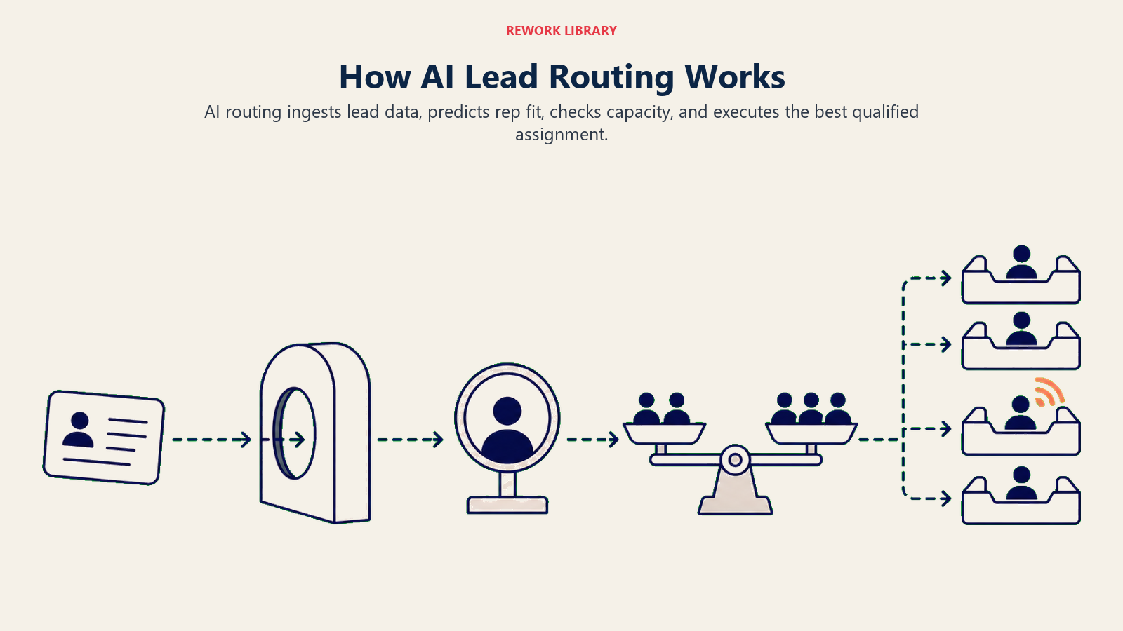 AI lead routing process from lead intake through fit scoring and capacity check to assignment
