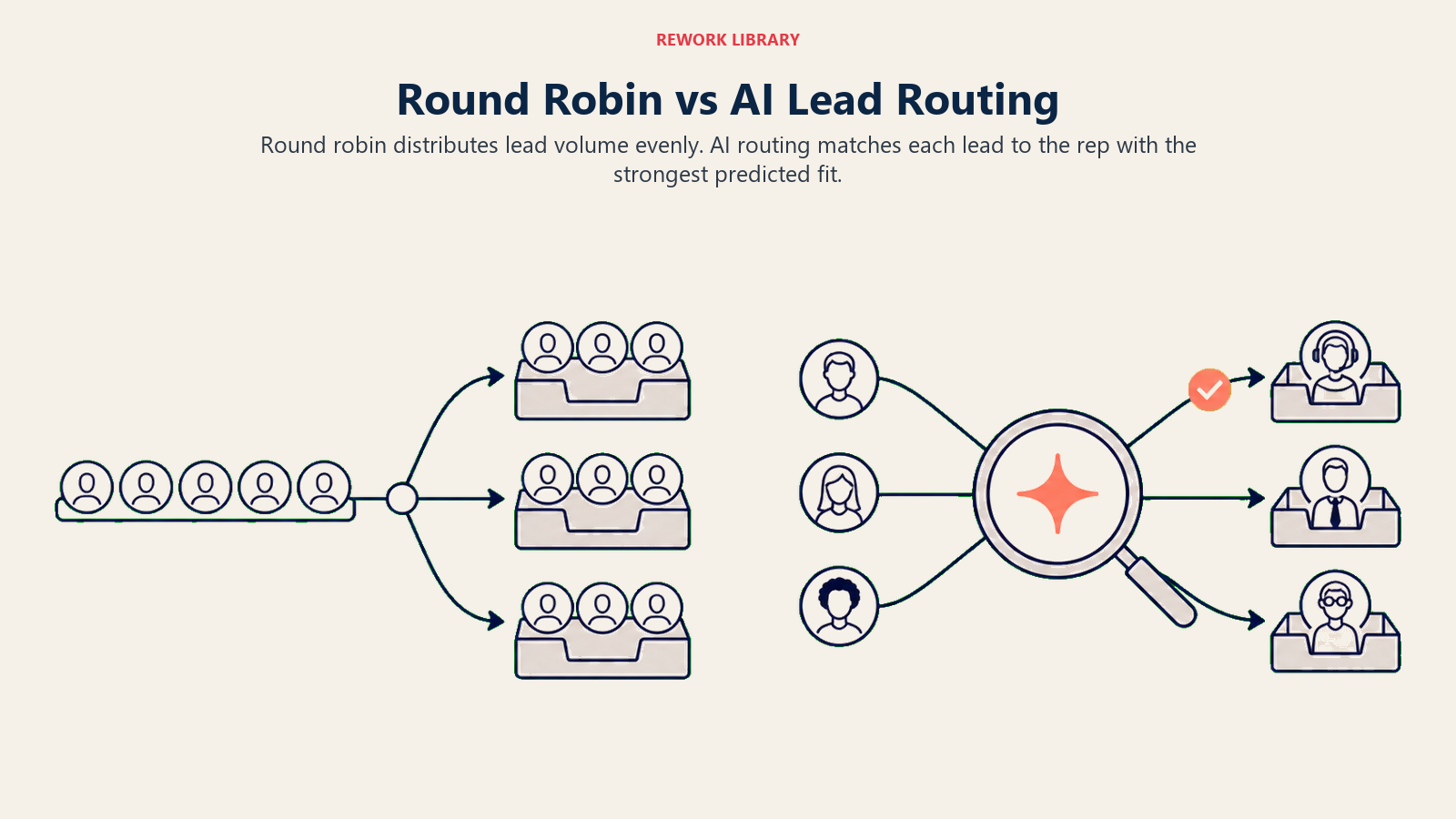 Round robin vs AI lead routing shown as equal distribution and best-fit assignment lanes