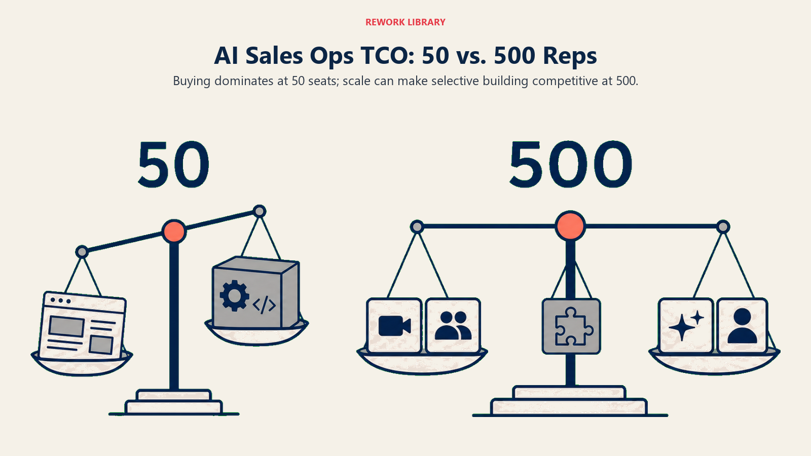 AI sales operations TCO at 50 versus 500 reps shown as two scales with changing build and buy economics