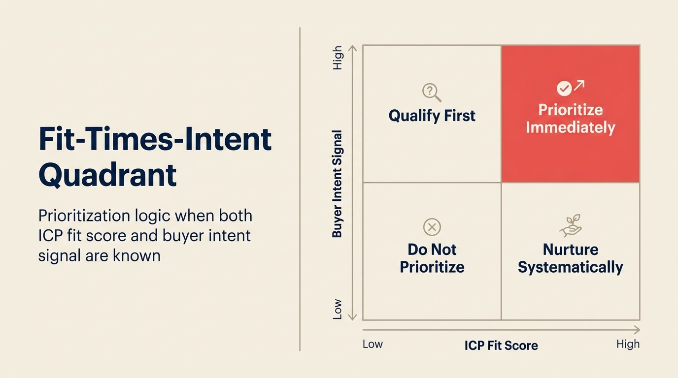 Fit-times-intent quadrant: logic ưu tiên khi cả ICP fit score và buyer intent signal đều đã biết