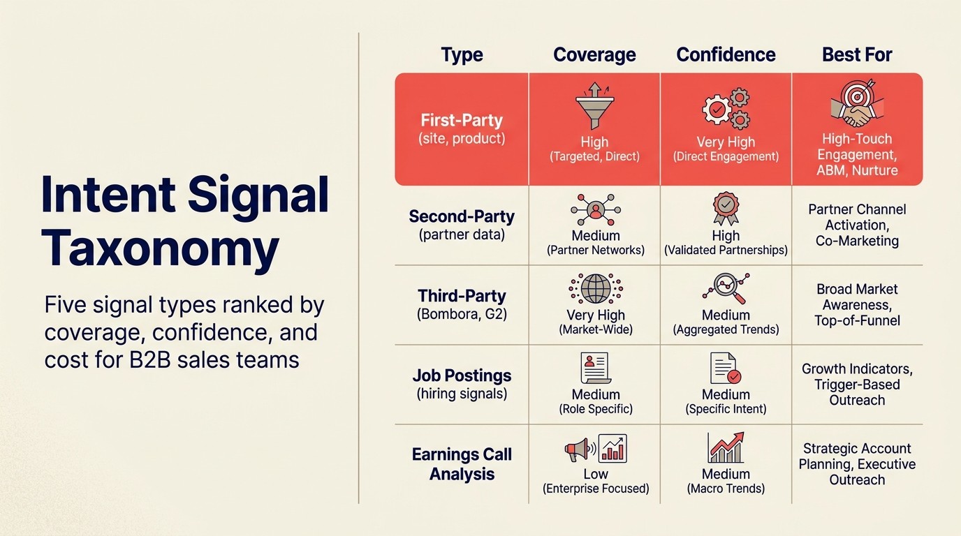 Taxonomy tín hiệu intent: năm loại tín hiệu được xếp hạng theo phủ, độ tin cậy và chi phí cho đội ngũ B2B sales