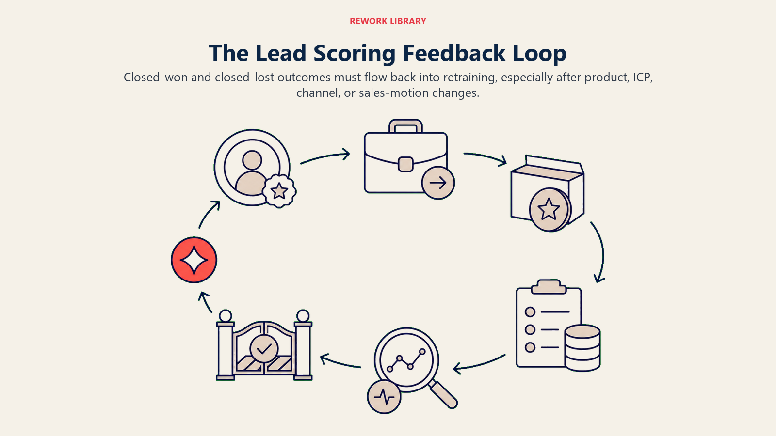 The Lead Scoring Feedback Loop shown as closed-outcome learning loop