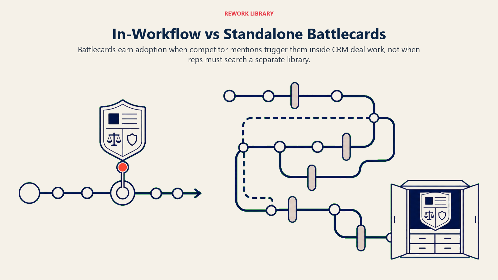In-Workflow vs Standalone Battlecards illustrated as side-by-side delivery paths: embedded deal rail and isolated archive shelf