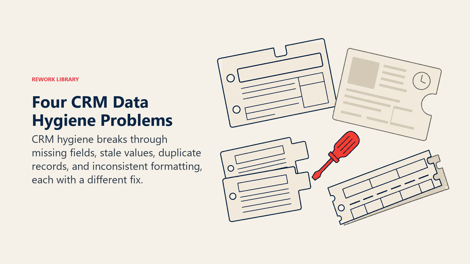 Four CRM Data Hygiene Problems shown as missing, stale, duplicate, and inconsistent record artifacts