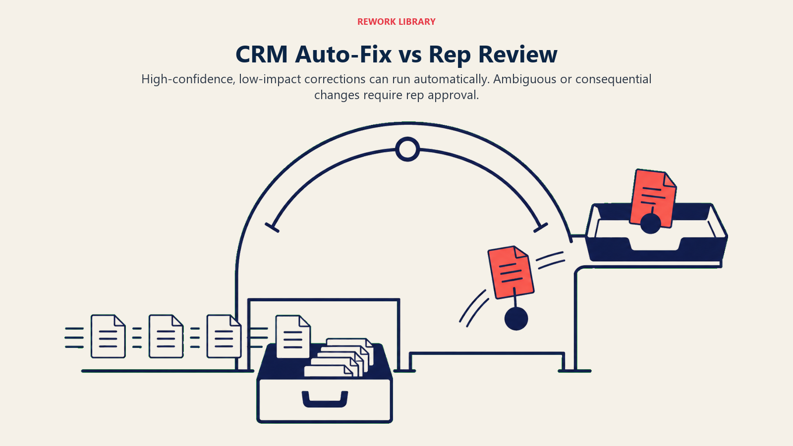 CRM Auto-Fix vs Rep Review shown as a confidence and consequence threshold gate