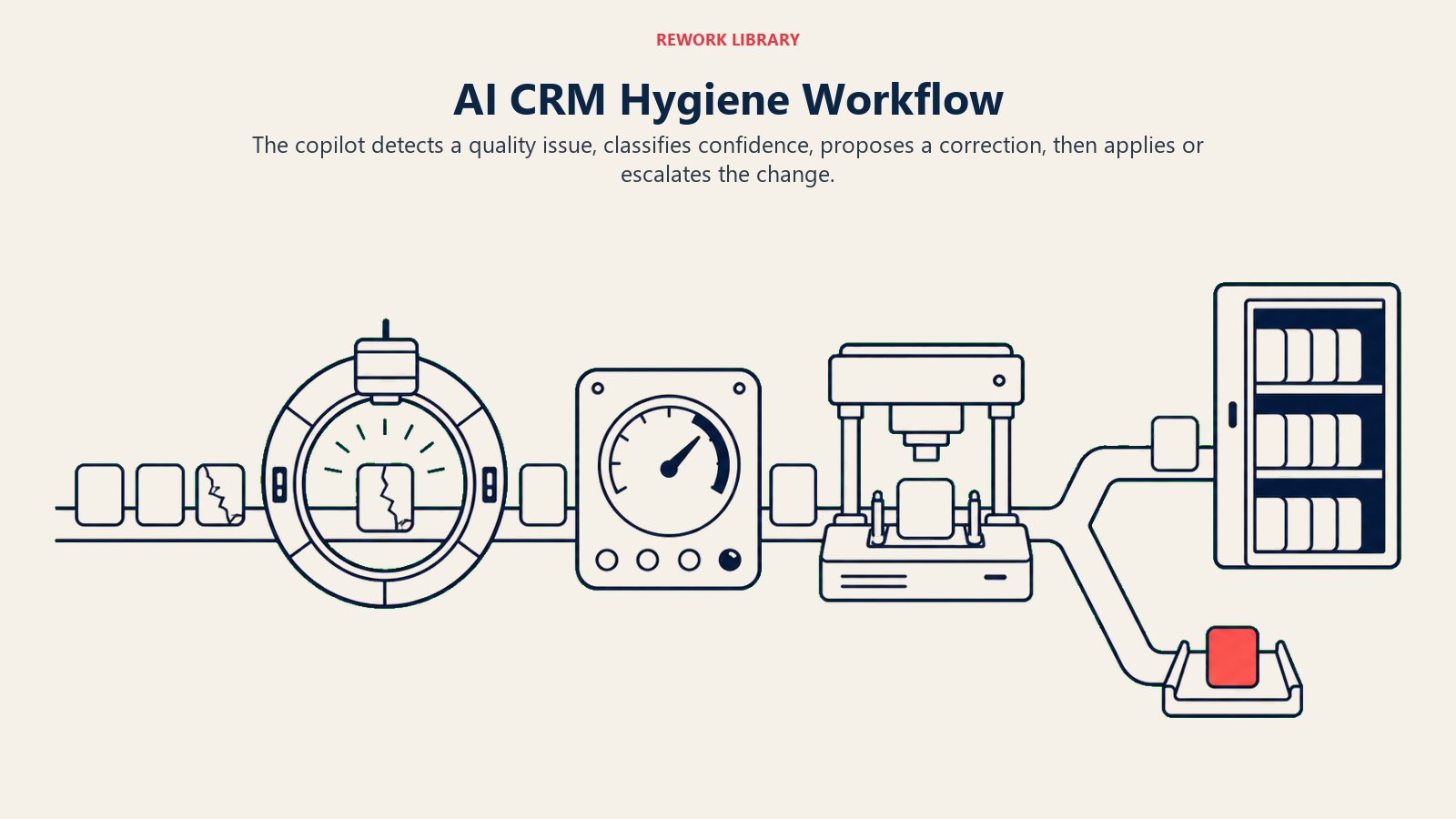 AI CRM Hygiene Workflow from issue detection through correction and review routing
