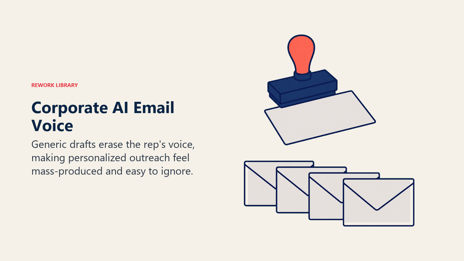 Corporate AI email voice shown as a stamp producing identical outreach envelopes