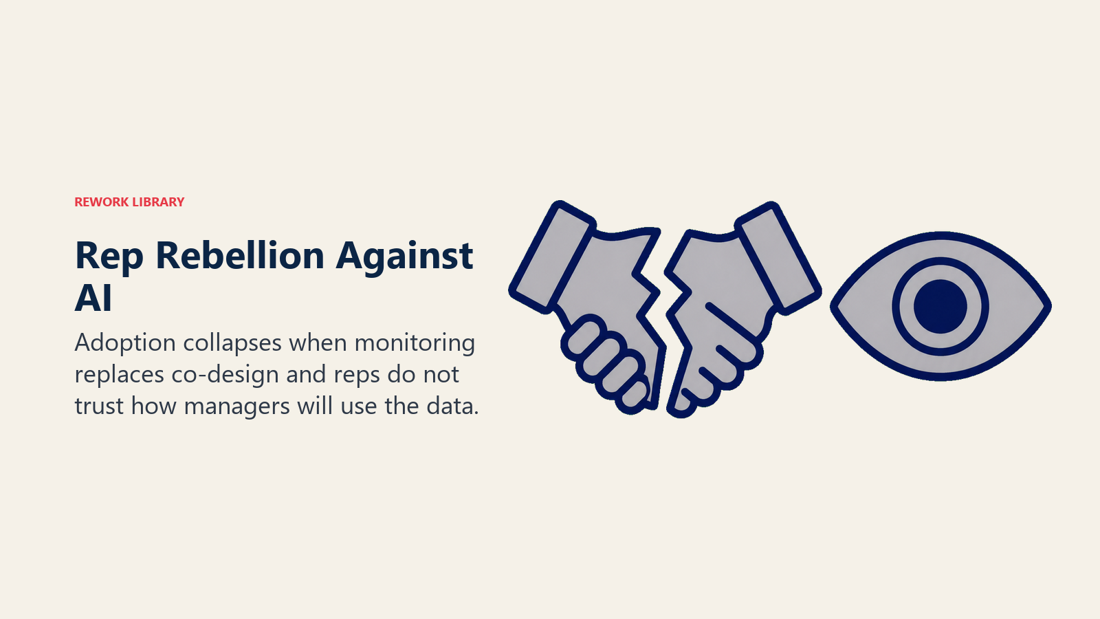 Rep rebellion against AI shown as a broken handshake beside a monitoring lens