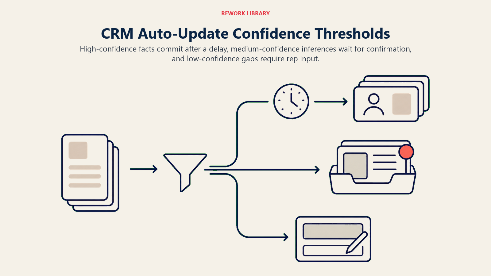CRM Auto-Update Confidence Thresholds illustrated as three-way confidence gate with delay loop and review branch