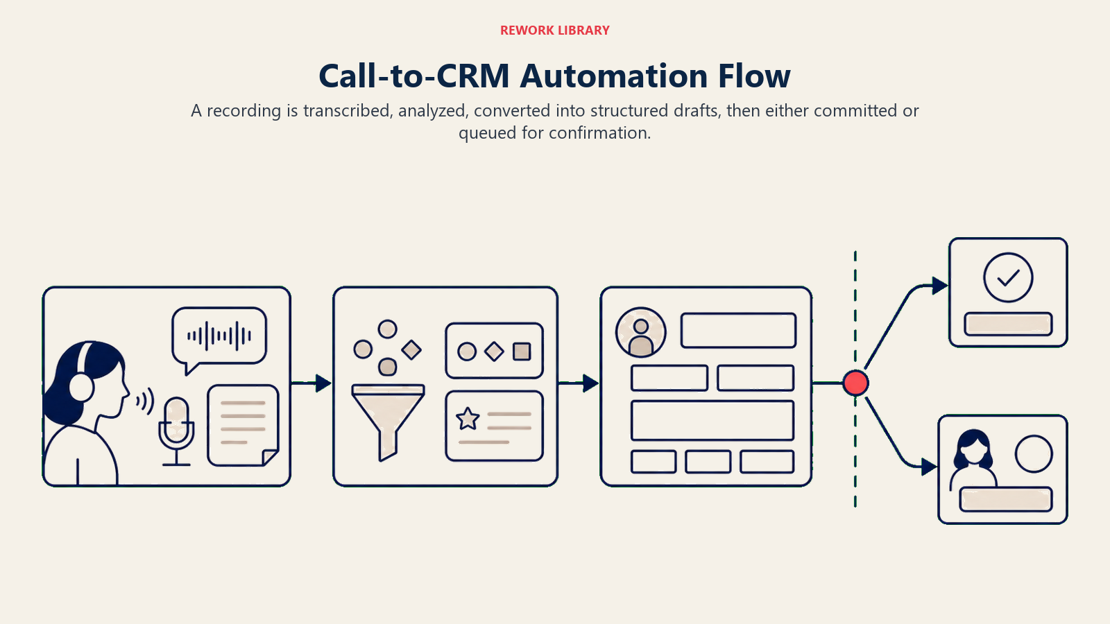 Call-to-CRM Automation Flow illustrated as four ACE stations from call recording to governed CRM execution