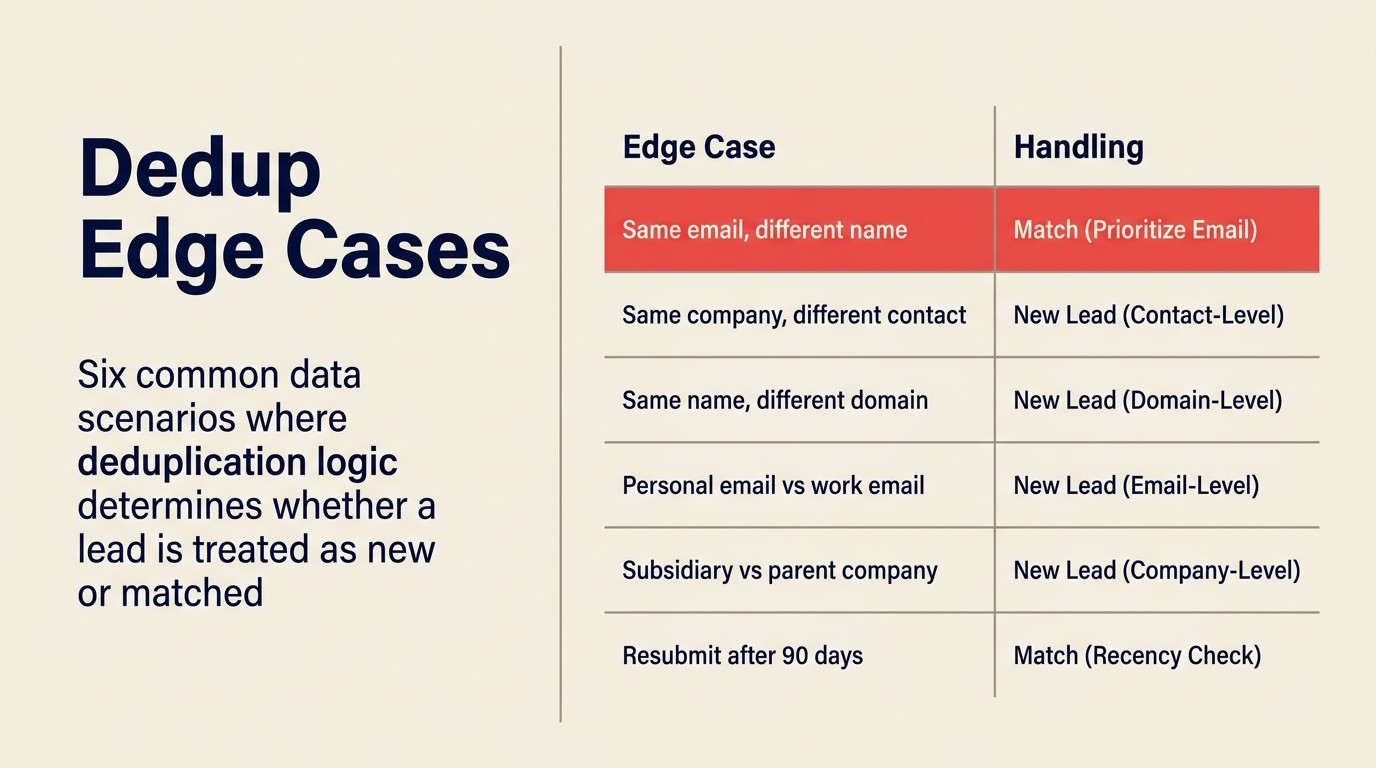 Dedup edge cases: sáu data scenarios phổ biến nơi deduplication logic quyết định lead được xử lý như mới hay được matched