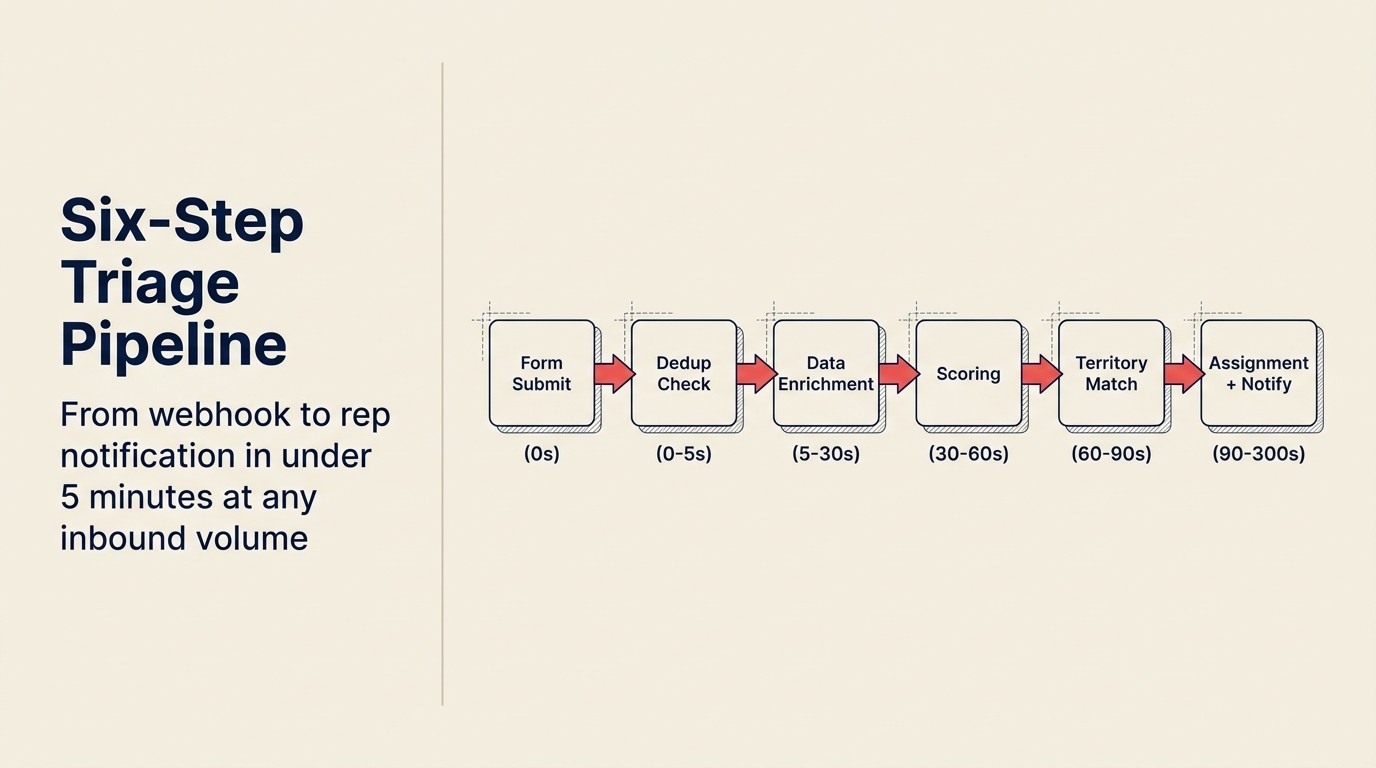 Six-step triage pipeline: từ webhook đến rep notification trong dưới 5 phút ở bất kỳ inbound volume nào
