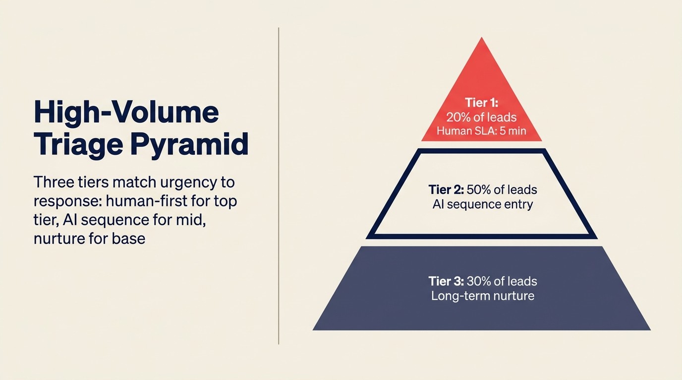 High-volume triage pyramid: ba tiers khớp urgency với response, human-first cho top tier, AI sequence cho mid, và nurture cho base