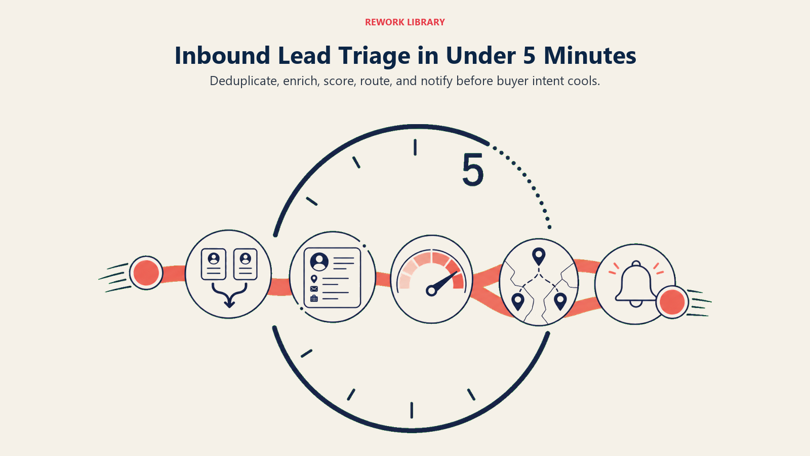 Inbound lead triage pipeline completing deduplication, enrichment, scoring, routing, and notification in under five minutes
