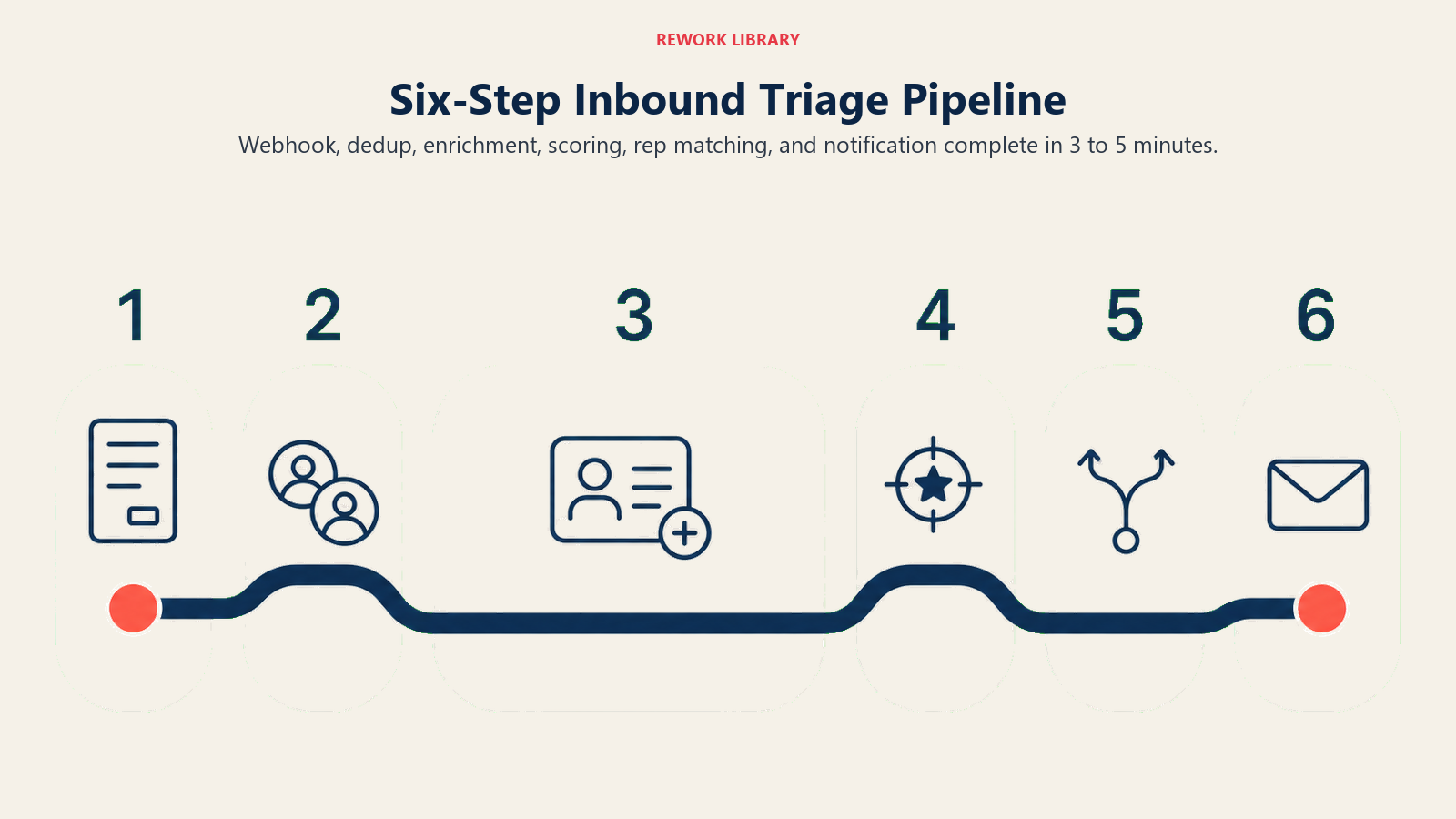 Six-step inbound triage pipeline from webhook through deduplication, enrichment, scoring, rep matching, and notification
