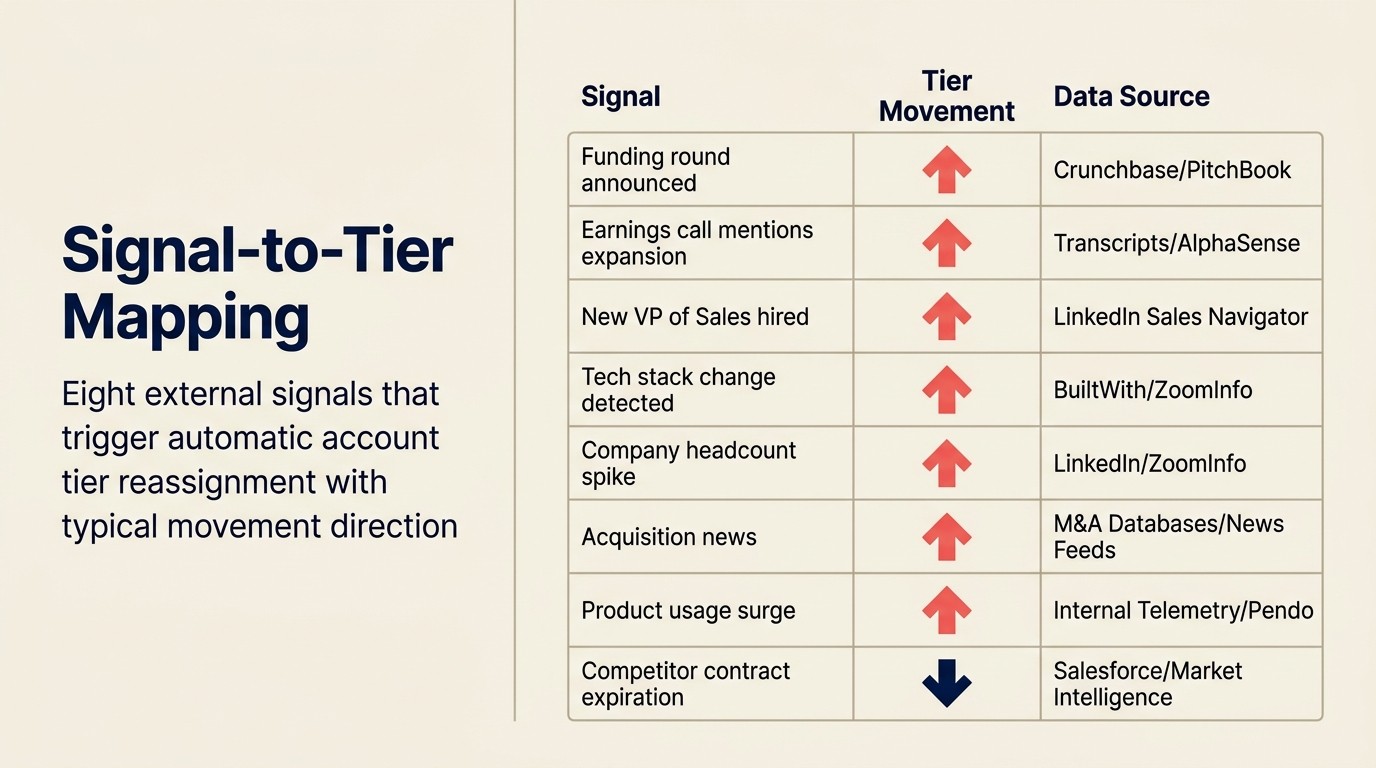 Các signal phân loại lại account tier: funding, headcount, intent spike, và technology change nhắc AI chấm điểm lại