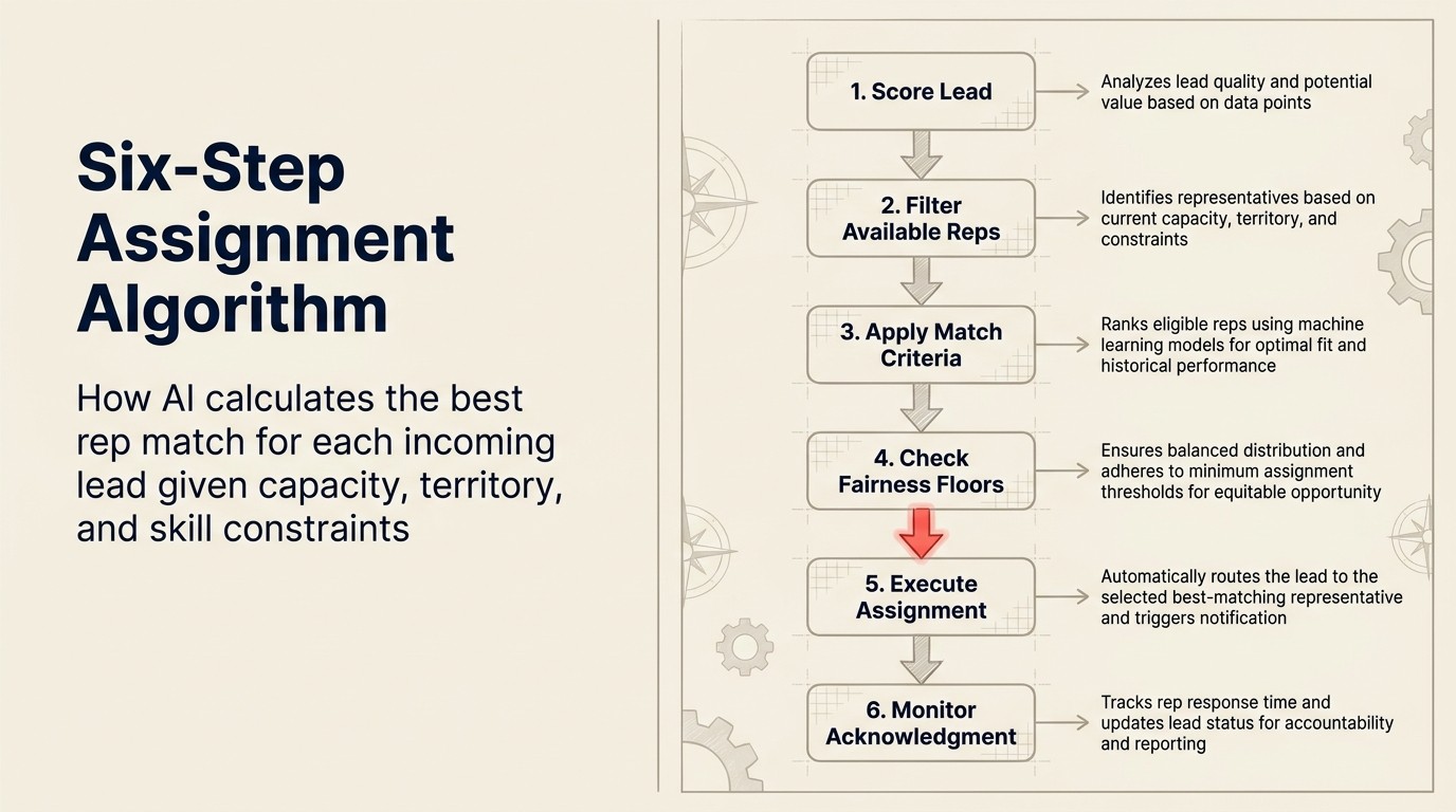 SDR assignment algorithm: step-by-step lead routing logic cân bằng capacity, match score, và response-time SLA