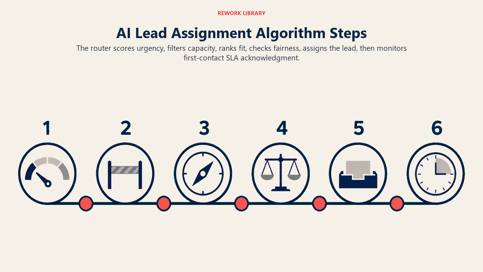 Six-step AI lead assignment algorithm from scoring through SLA monitoring