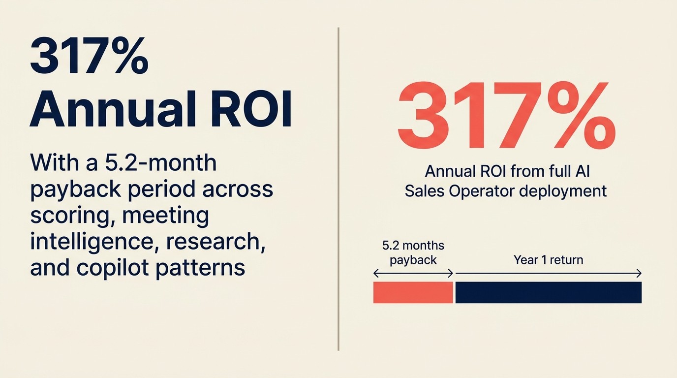 317% ROI hàng năm với thời gian hoàn vốn 5,2 tháng từ triển khai AI Sales Operator đầy đủ