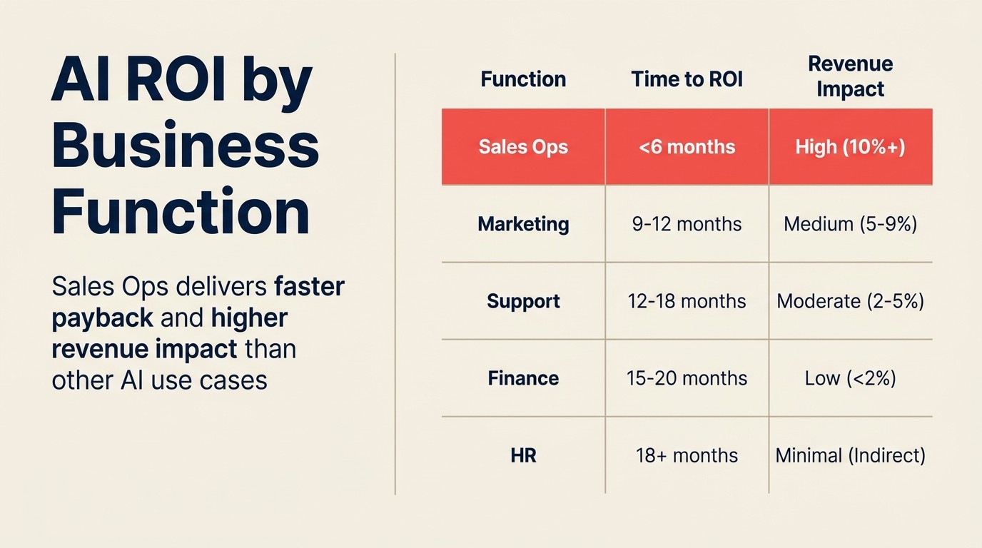 ROI AI theo business function: sales ops deliver faster payback và higher revenue impact hơn các AI use cases khác